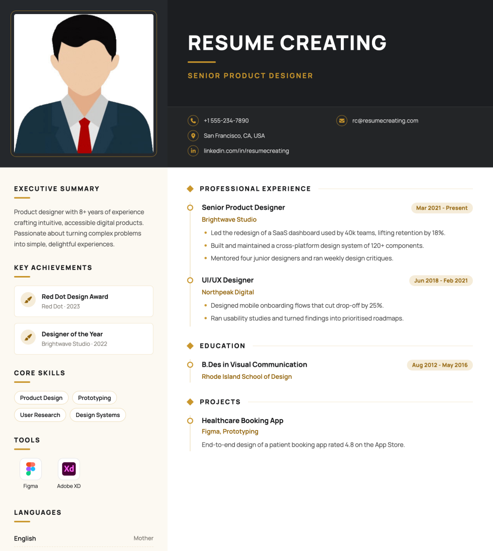 Executive Noir resume template preview — Medium–High ATS fit, Photo template layout