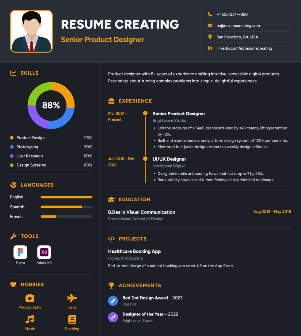 Amber Slate resume template preview — Medium–High ATS fit, Photo template layout