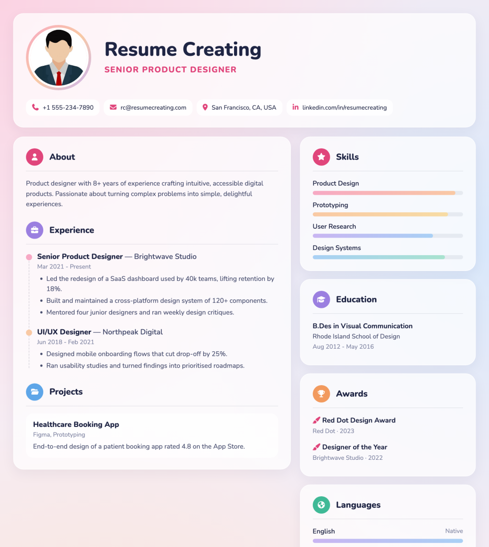 Pastel Glass resume template preview — Medium ATS fit, Photo template layout