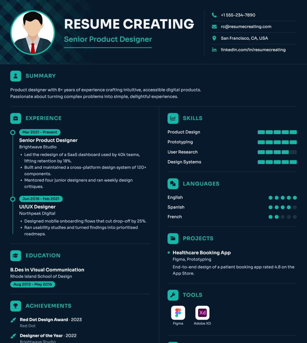 Ocean Depth resume template preview — Medium–High ATS fit, Photo template layout