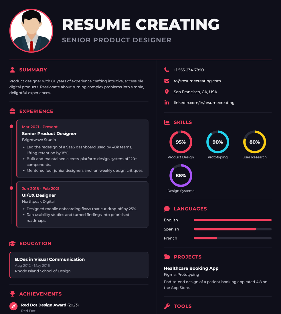 Crimson Midnight resume template preview — Medium ATS fit, Photo template layout