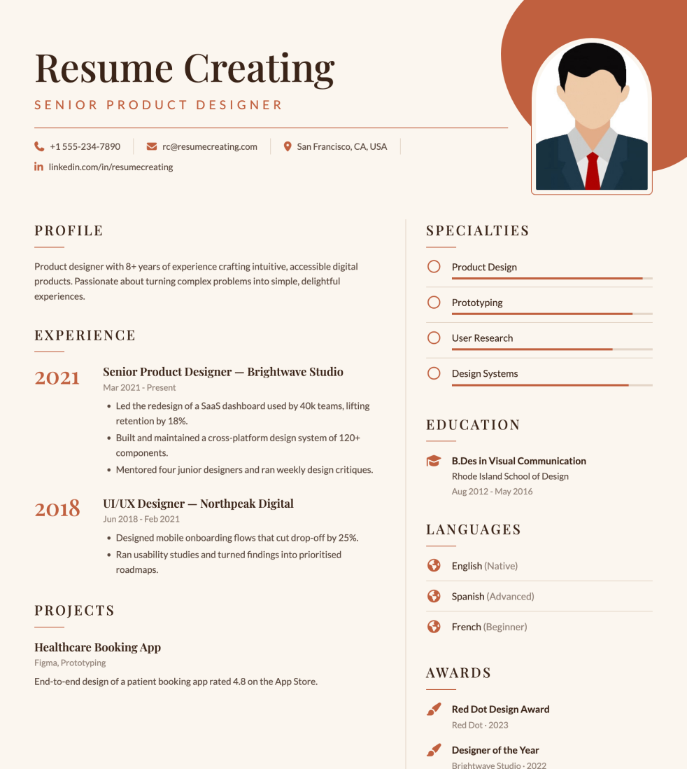 Terracotta Arch resume template preview — Medium–High ATS fit, Photo template layout