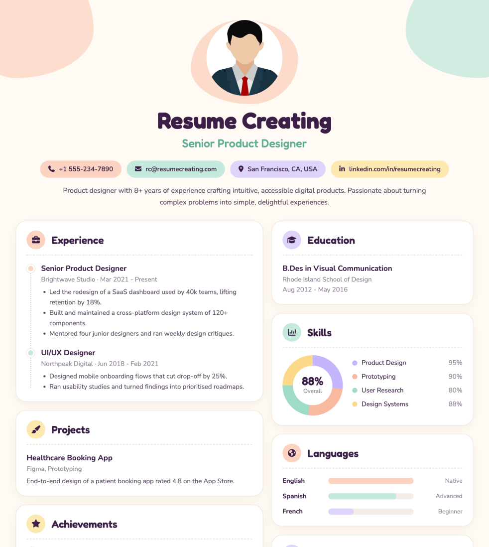 Pastel Playground resume template preview — Medium ATS fit, Photo template layout