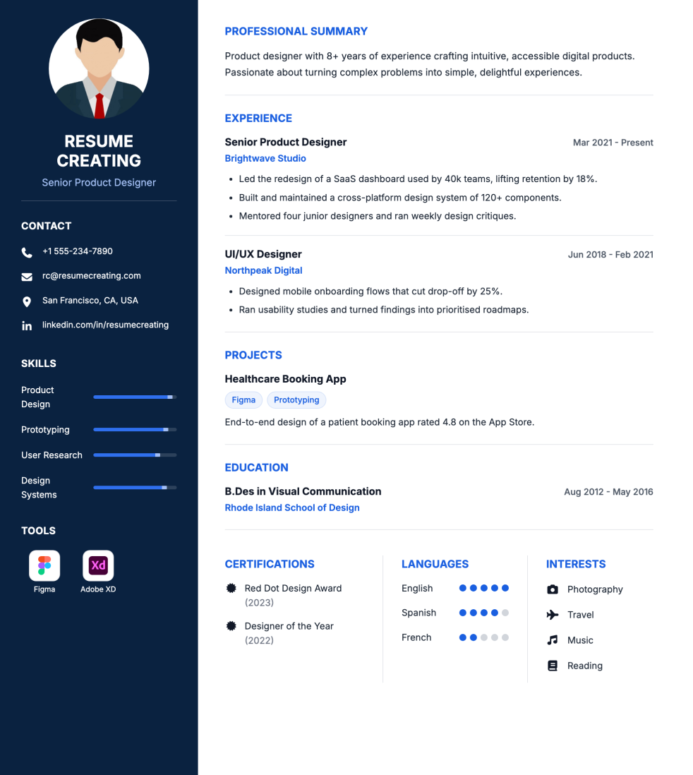 Navy Professional resume template preview — Medium–High ATS fit, Photo template layout