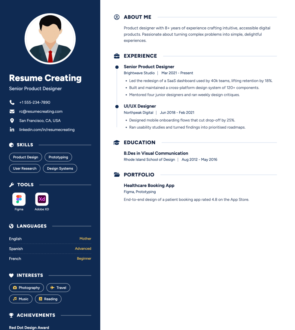 Navy Sidebar resume template preview — Medium–High ATS fit, Photo template layout