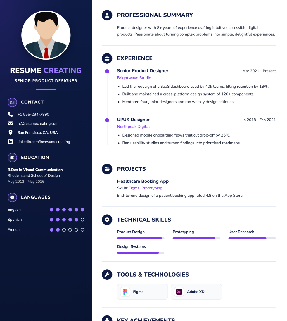 Indigo Timeline resume template preview — Medium–High ATS fit, Photo template layout