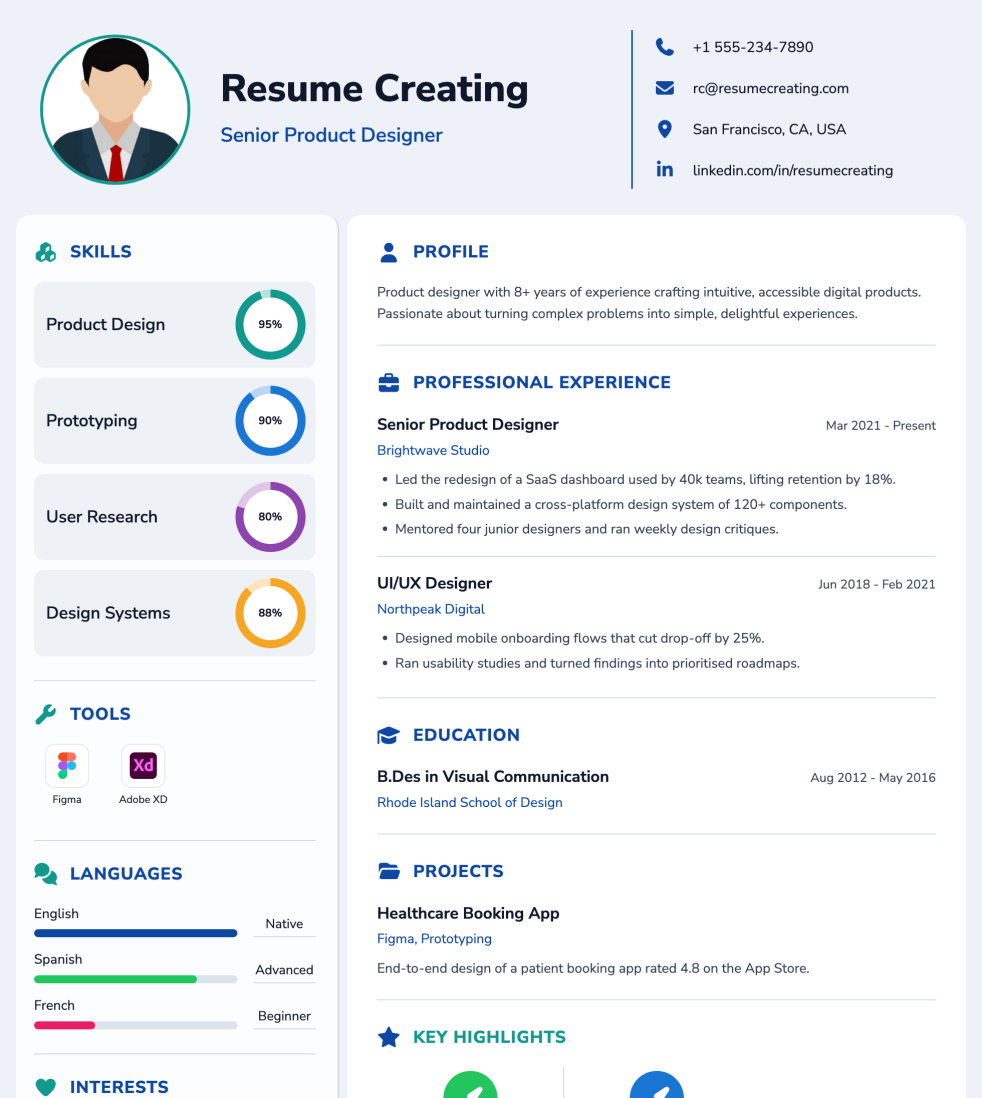 Soft Ring resume template preview — Medium ATS fit, Photo template layout