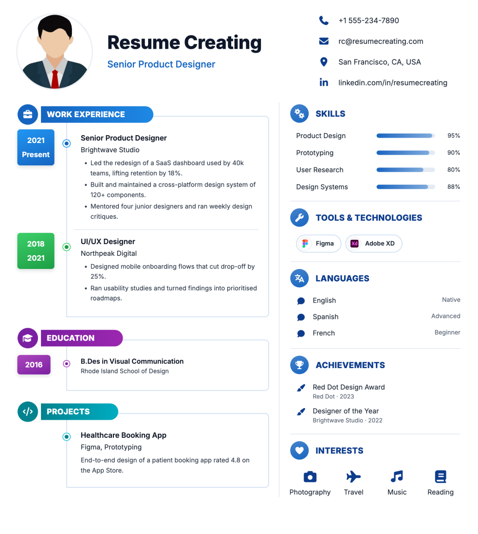 Spectrum Timeline resume template preview — Medium ATS fit, Photo template layout