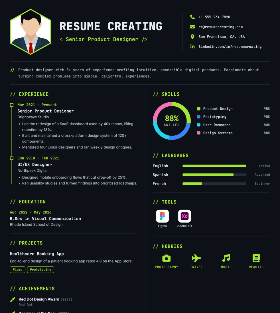 Neon Terminal resume template preview — Medium ATS fit, Photo template layout