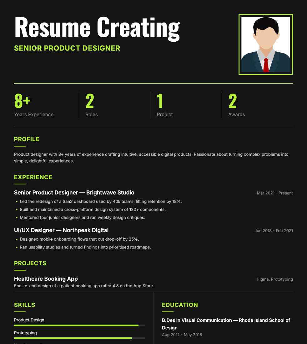 Dark Impact resume template preview — Medium ATS fit, Photo template layout