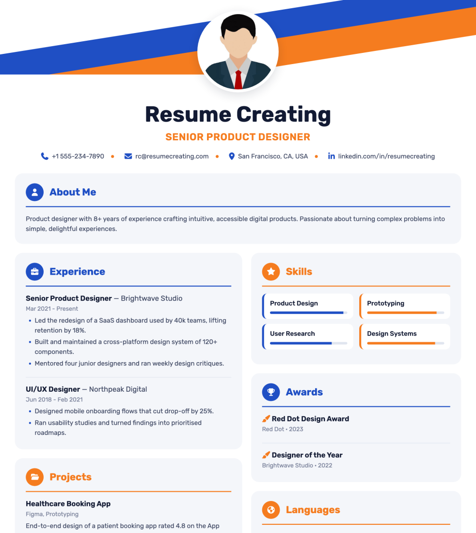 Bento Bright resume template preview — Medium–High ATS fit, Photo template layout