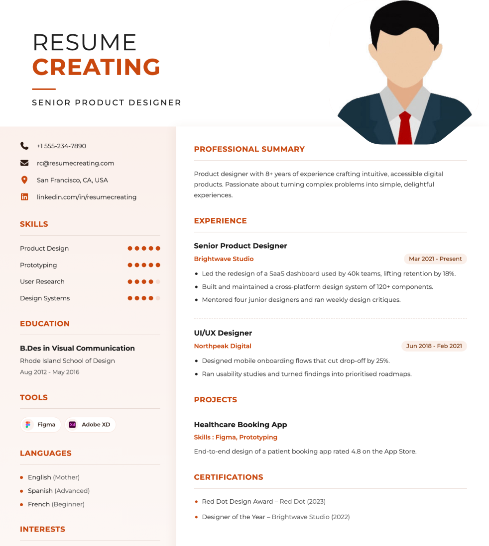 Warm Orange resume template preview — Medium ATS fit, Photo template layout