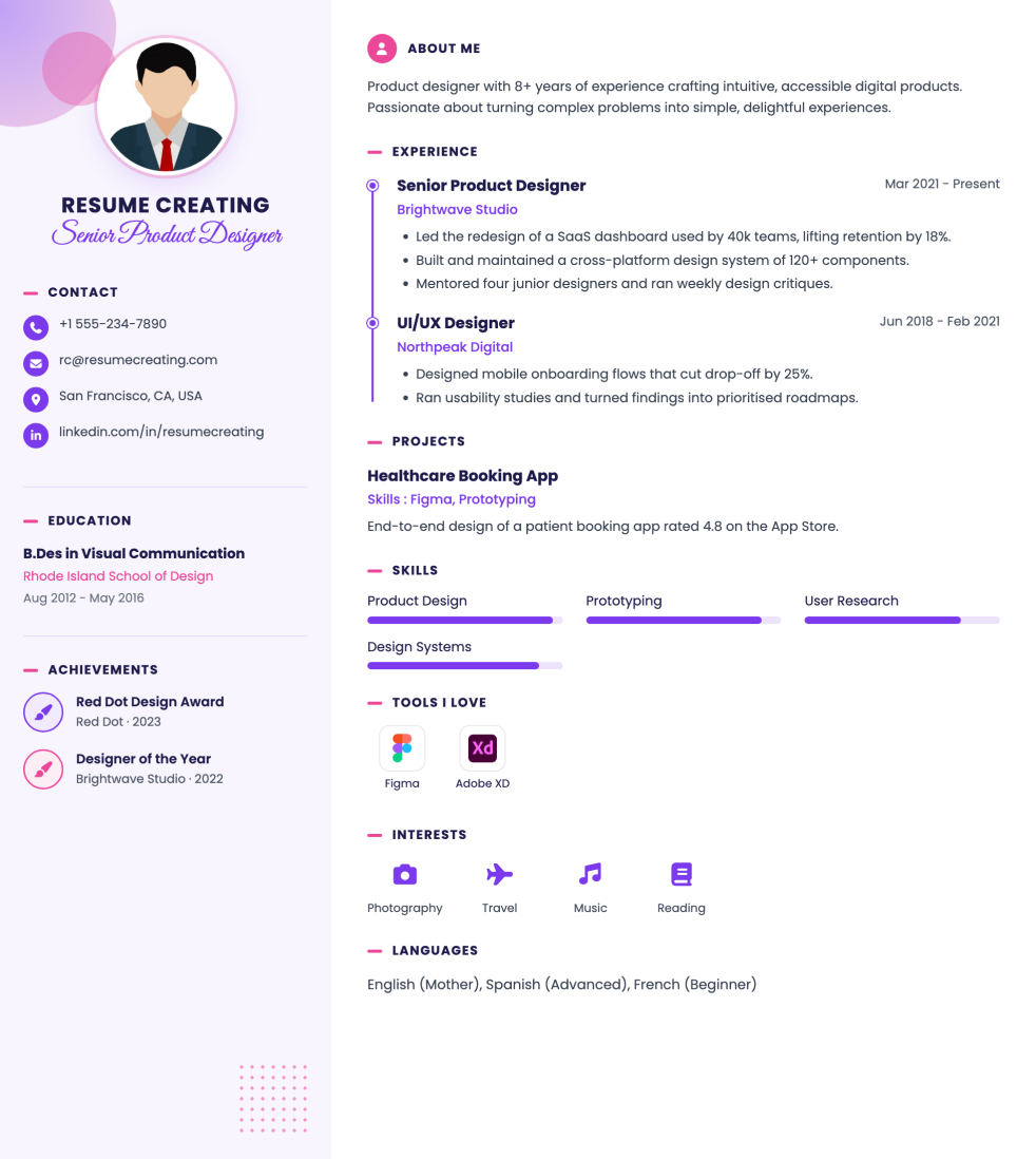 Lavender Script resume template preview — Medium ATS fit, Photo template layout