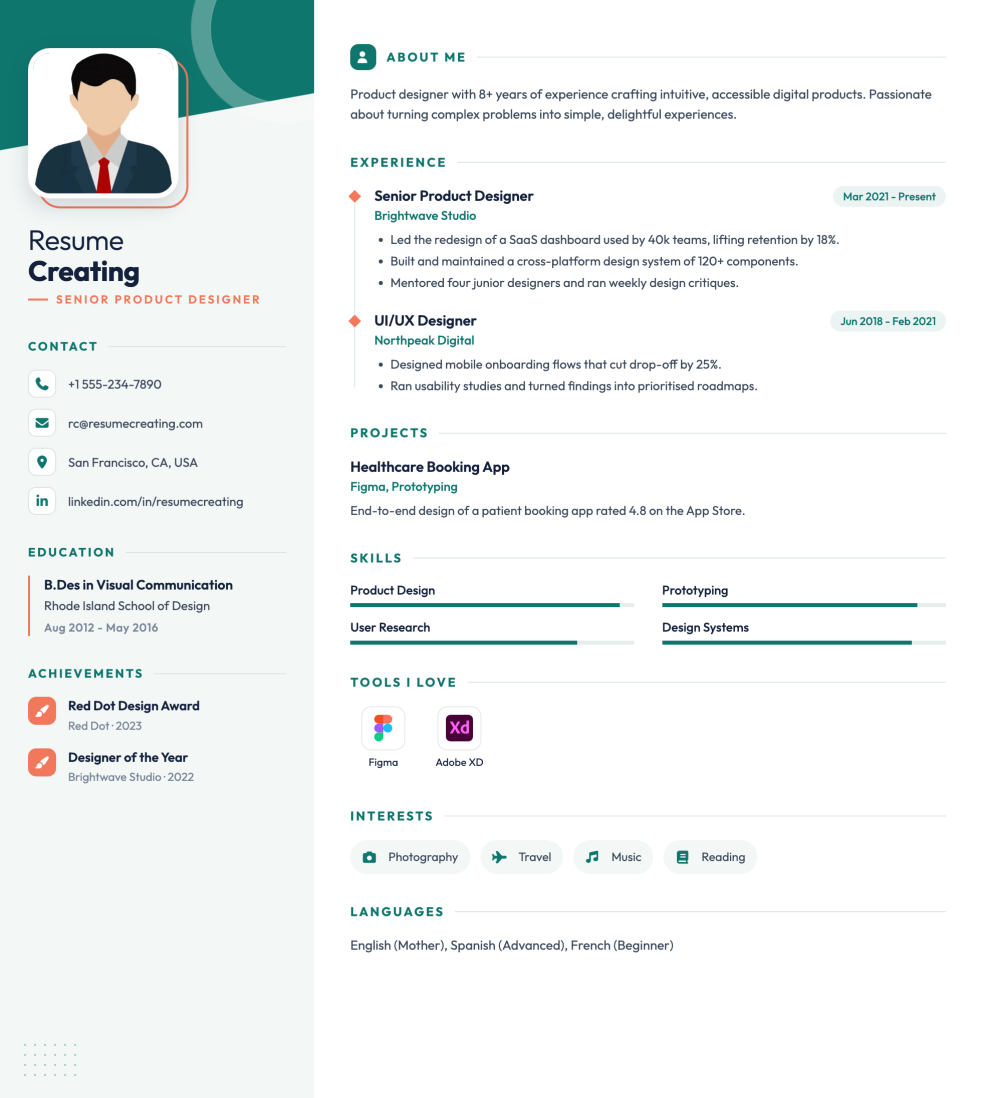 Teal Coral resume template preview — Medium ATS fit, Photo template layout