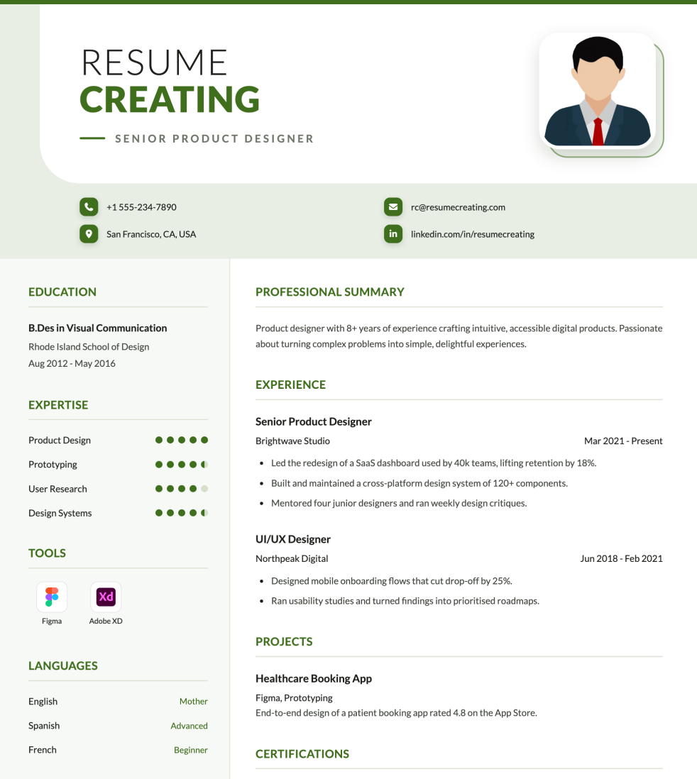 Sage Green resume template preview — Medium–High ATS fit, Photo template layout