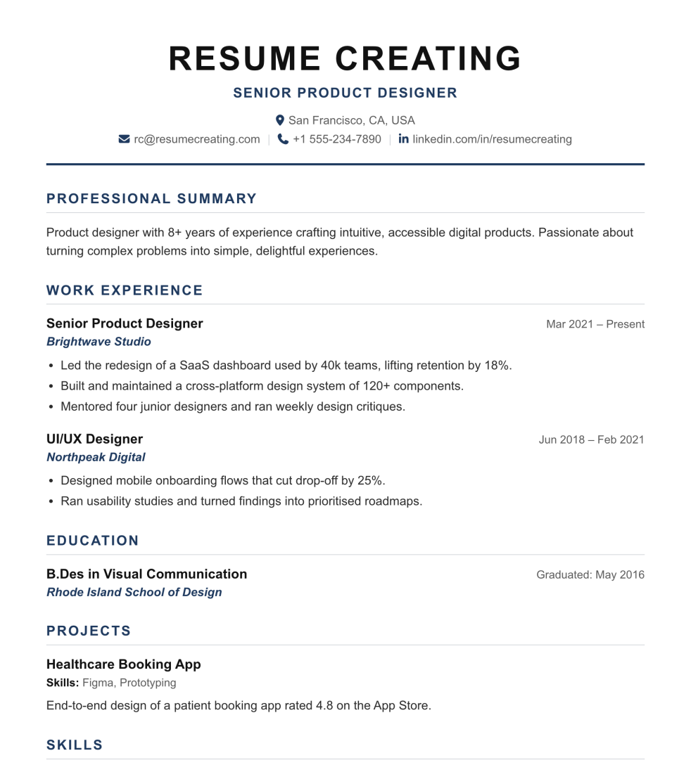Classic Centered resume template preview — High ATS fit, No photo required layout