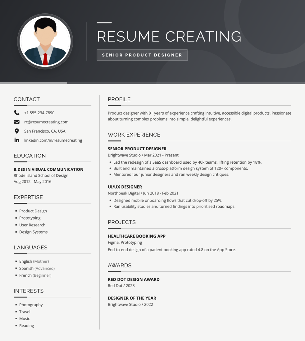 Graphite Classic resume template preview — Medium–High ATS fit, Photo template layout