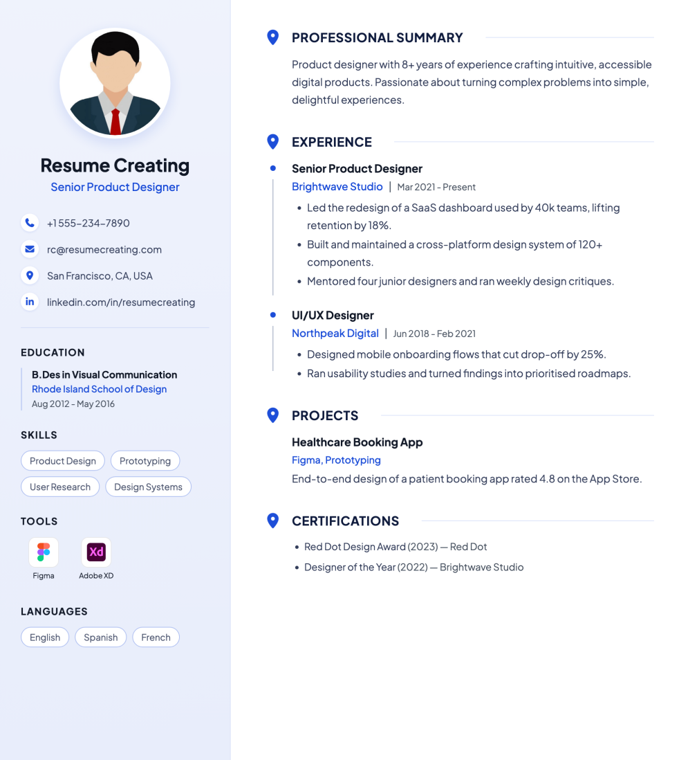 Soft Blue resume template preview — High ATS fit, Photo template layout