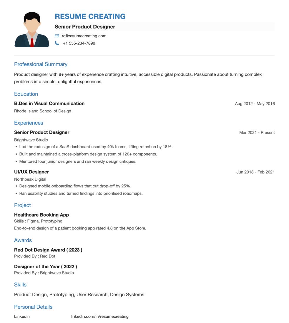 Simple Blue resume template preview — High ATS fit, Photo template layout