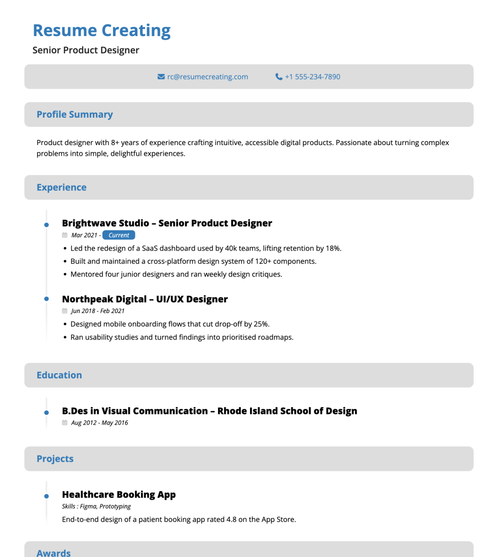 Clean Sections resume template preview — High ATS fit, No photo required layout