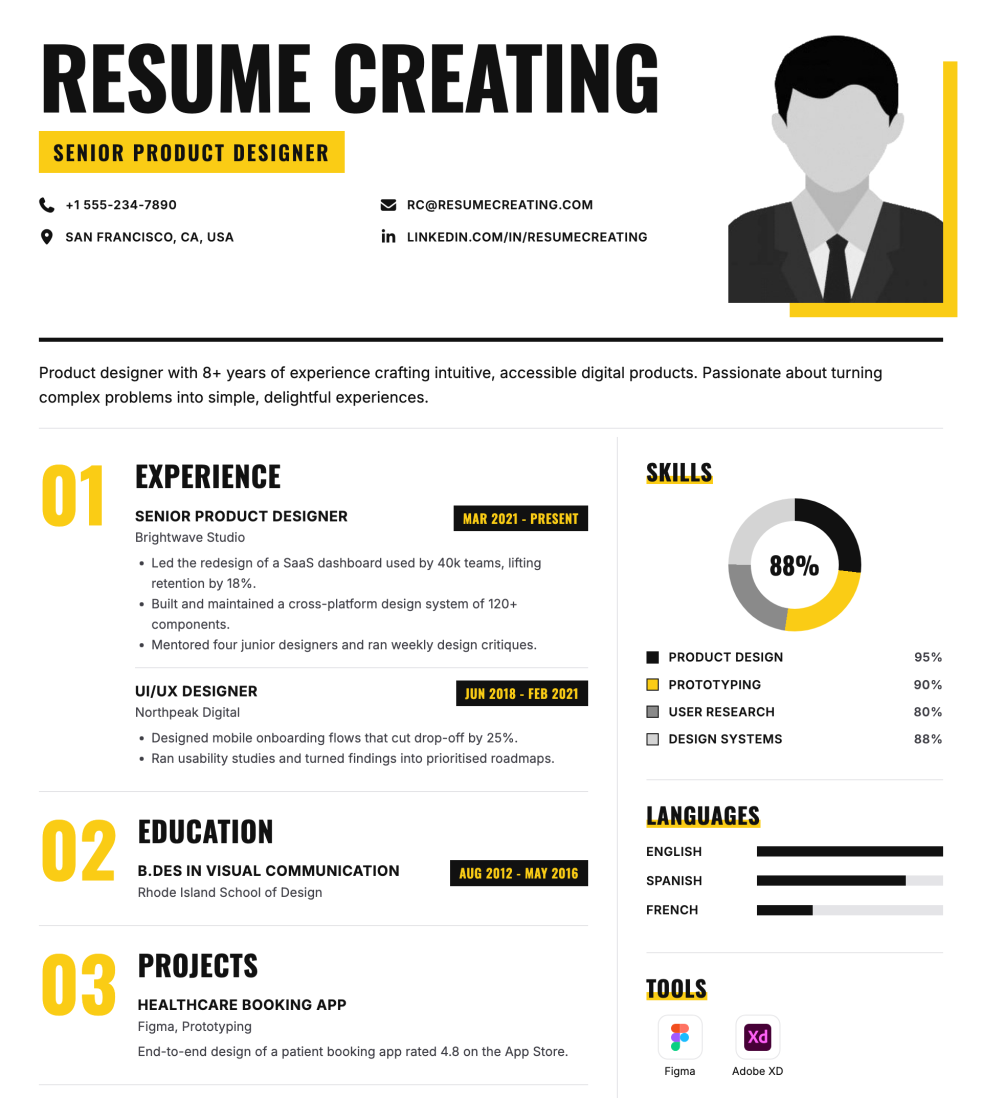 Bold Editorial resume template preview — Medium ATS fit, Photo template layout