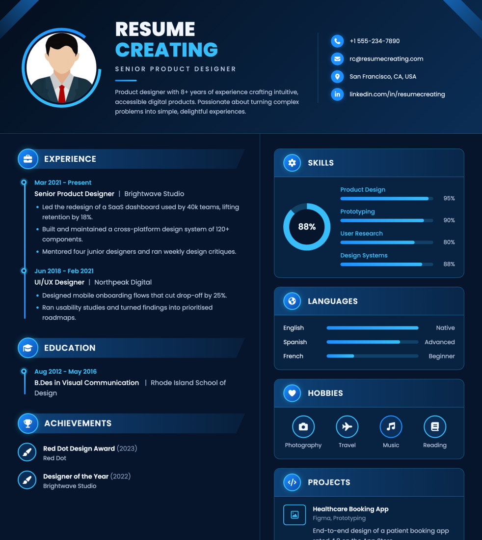 Midnight Neon resume template preview — Medium ATS fit, Photo template layout
