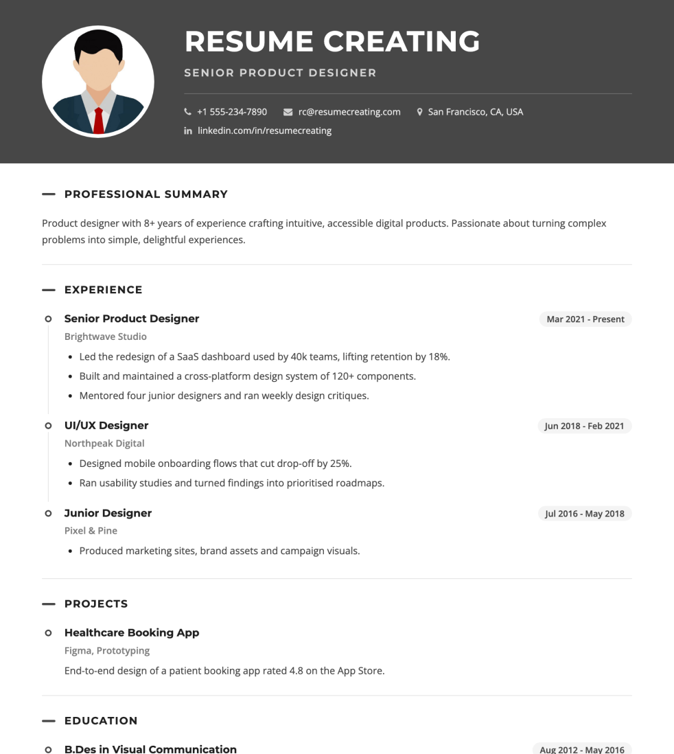 Charcoal Banner resume template preview