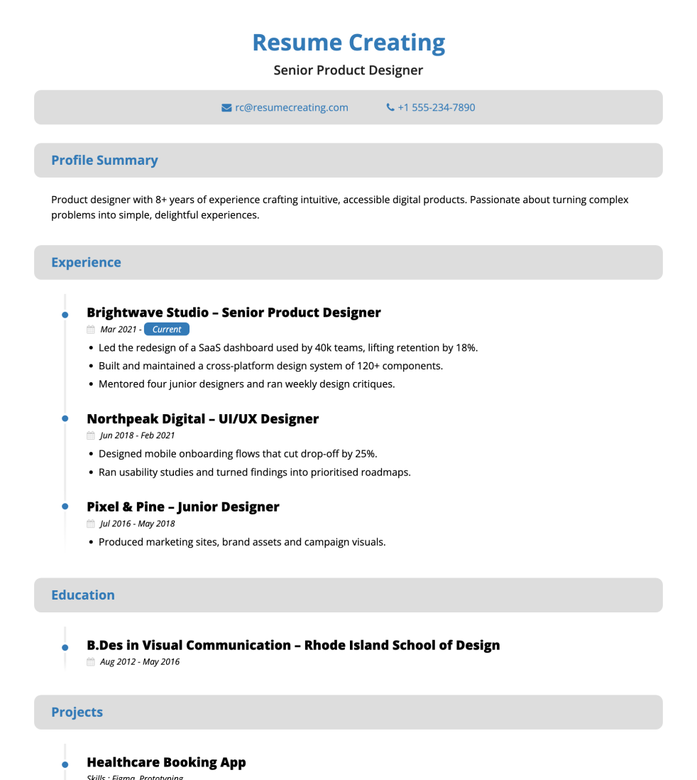 Clean Sections resume template preview